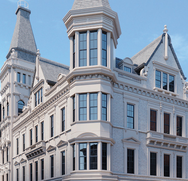 Visualisation of the finished building - front view showing turrets and windows